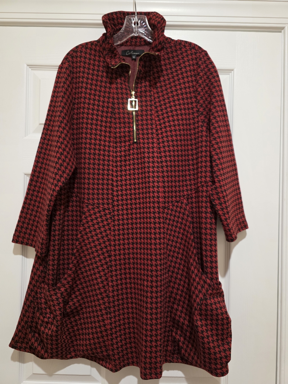 CALESSA Red & Black Houndstooth Half-Zip Swing Tunic with Gold Trim XL